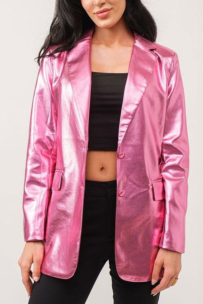 Button closure pu pleather metallic blazer (RVWT7187)