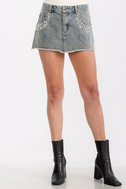 Button closure pockets studs denim mini skirt (RVWT7225)