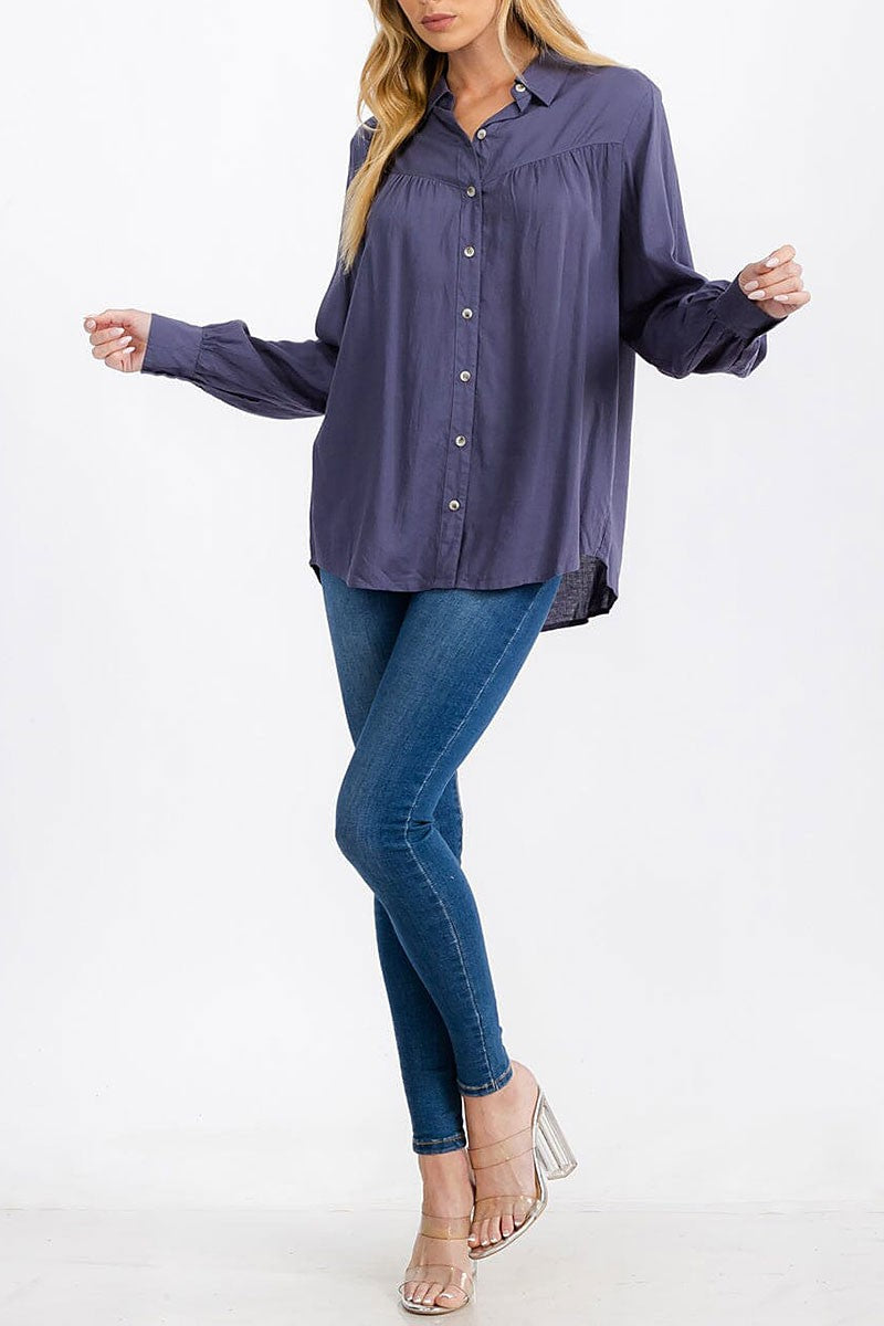 Long sleeve button up linen blouse top (RVWT7228)