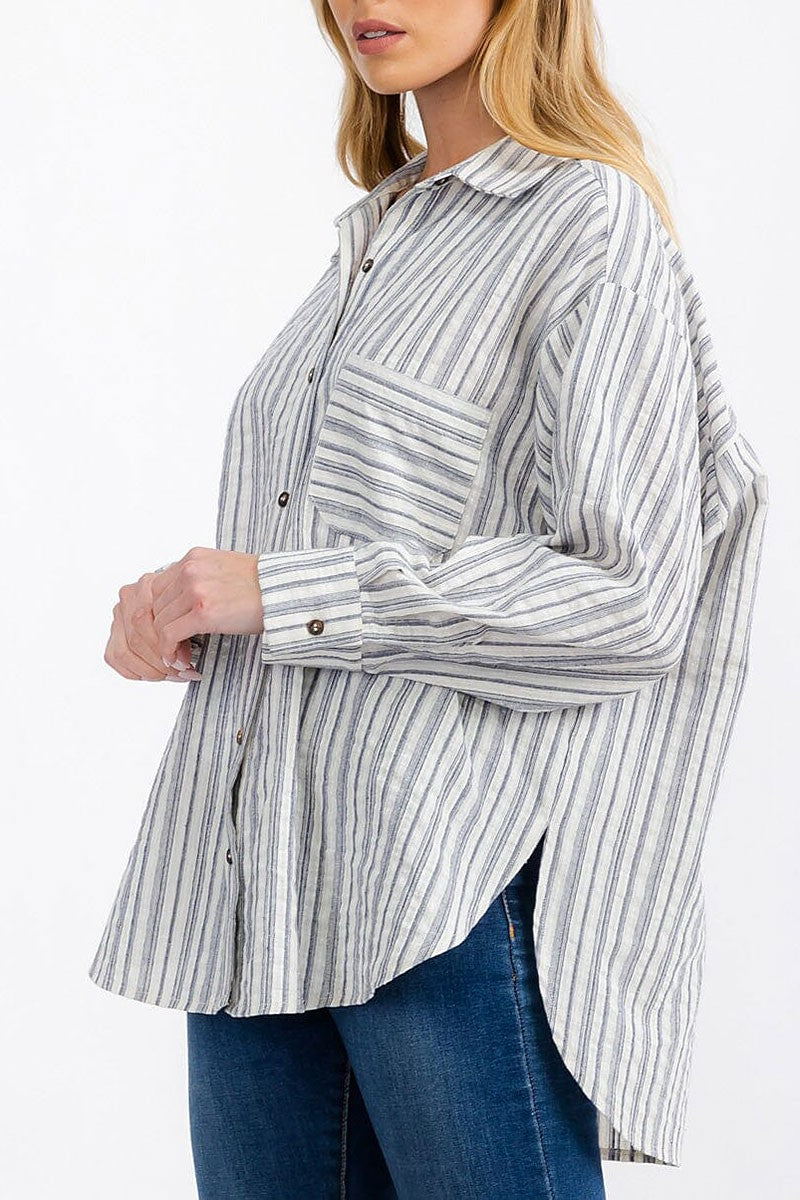 Button up front pocket stripes shirt top (RVWT7229)