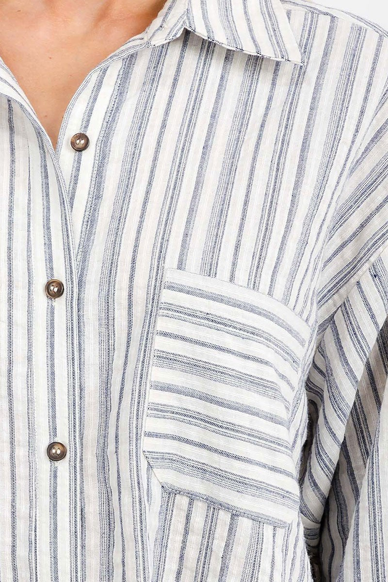 Button up front pocket stripes shirt top (RVWT7229)