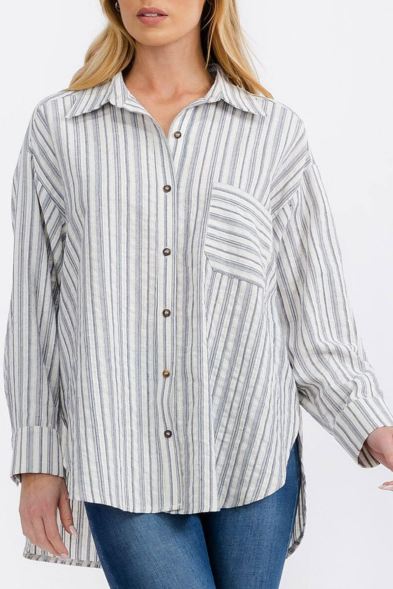 Button up front pocket stripes shirt top (RVWT7229)