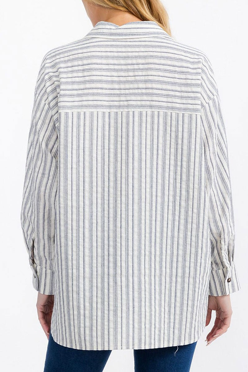 Button up front pocket stripes shirt top (RVWT7229)