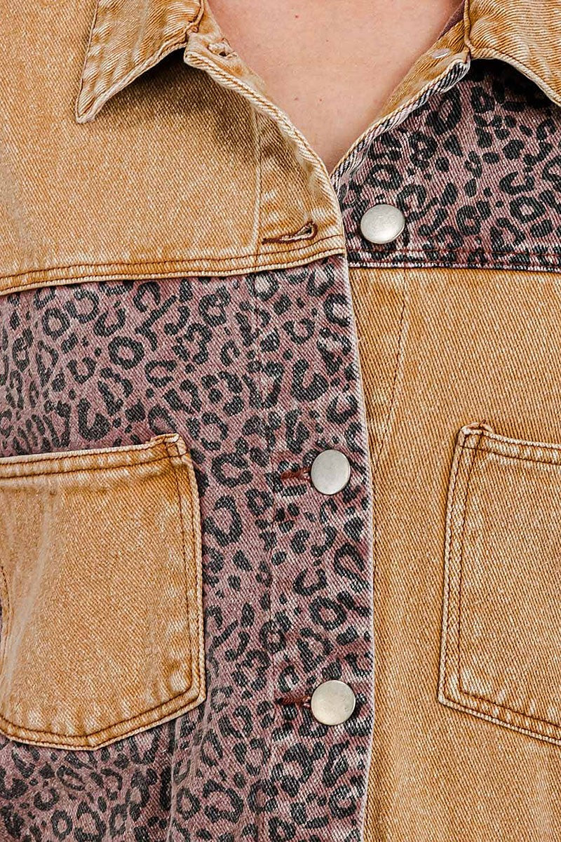 Button up animal print contrast denim jacket (RVWT7233)