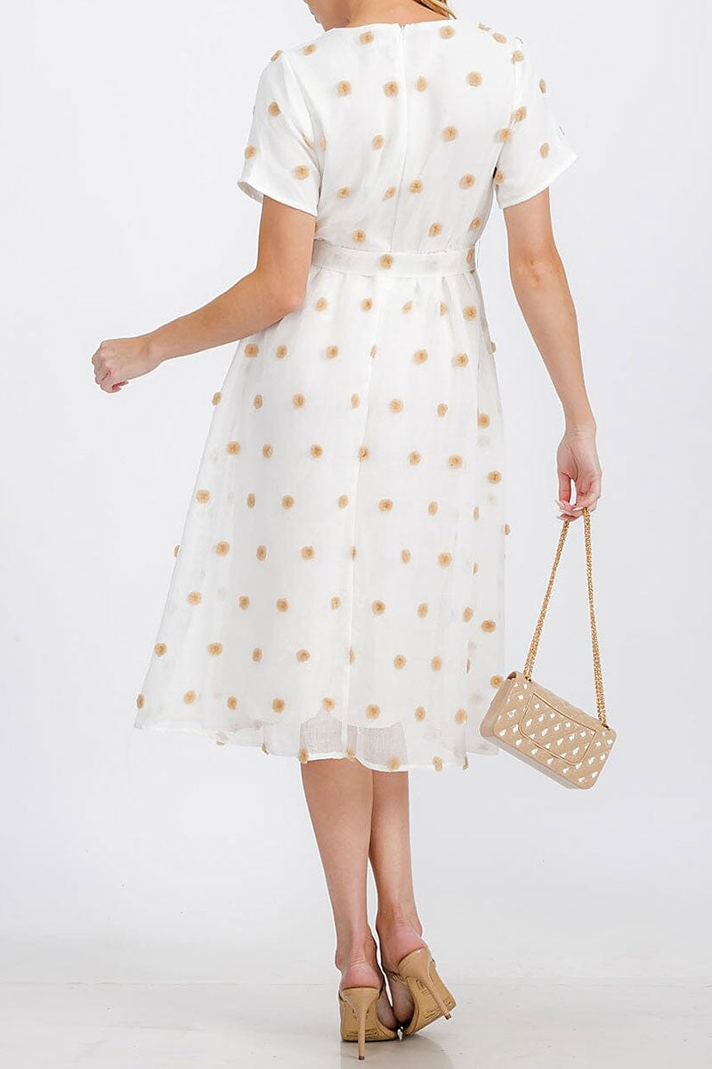 Short sleeve self tie swiss dots midi dress (RVWT7264)