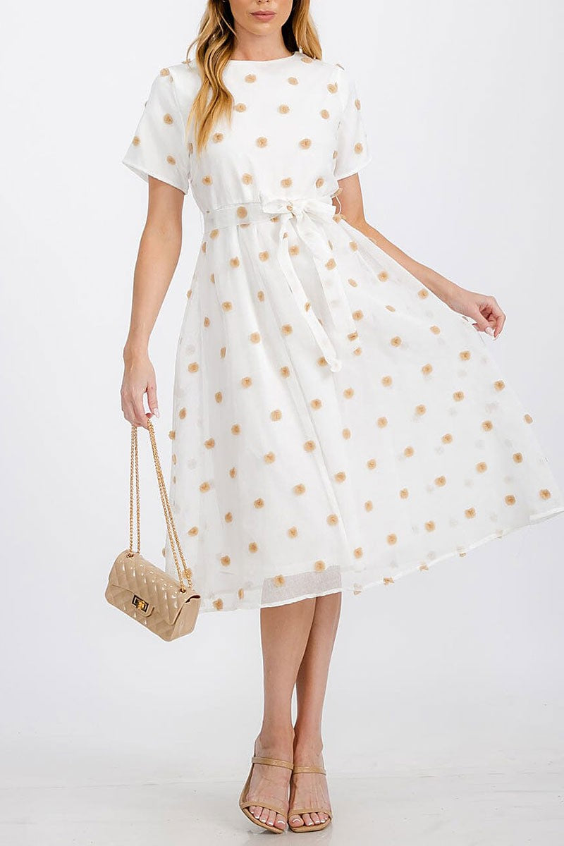 Short sleeve self tie swiss dots midi dress (RVWT7264)