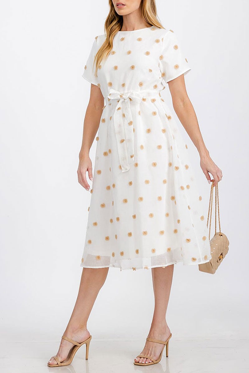 Short sleeve self tie swiss dots midi dress (RVWT7264)