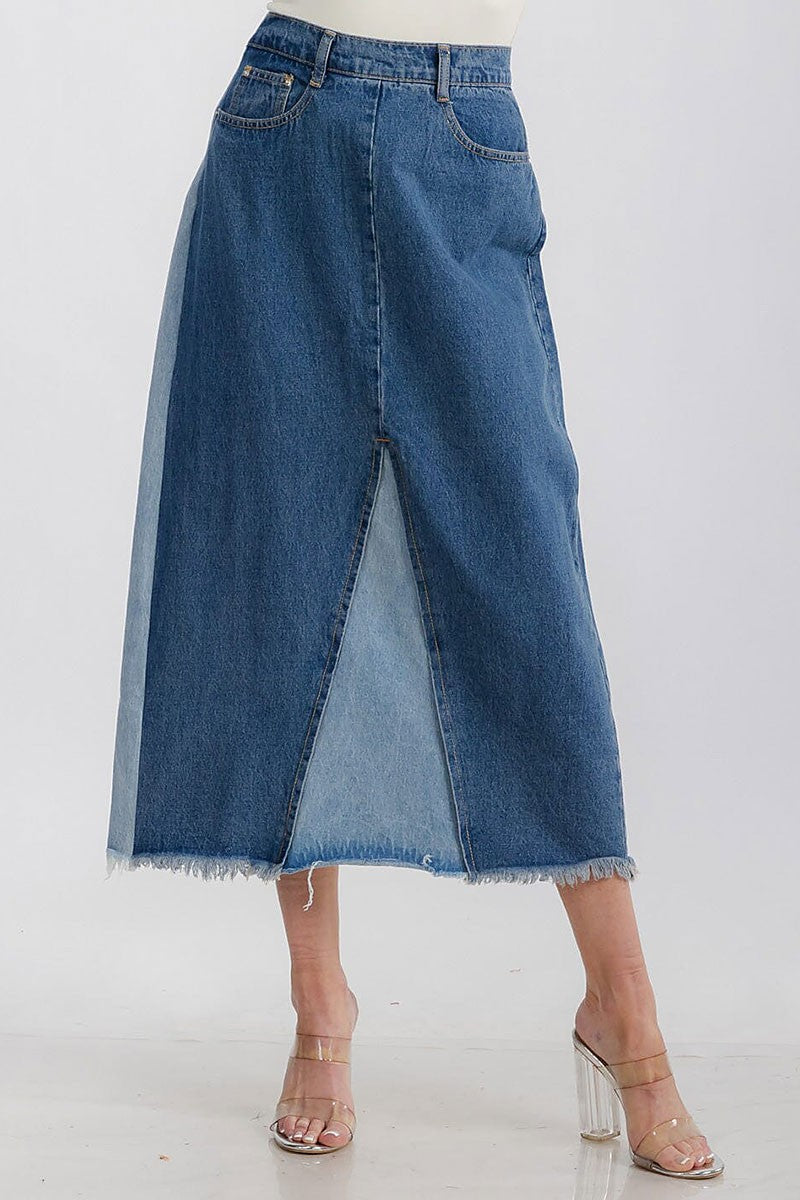 Button closure pockets 2-tone denim maxi skirt (RVWT7267)