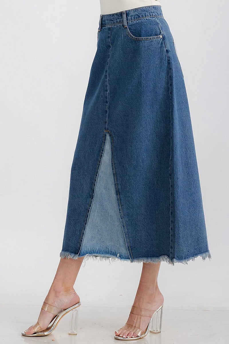 Button closure pockets 2-tone denim maxi skirt (RVWT7267)