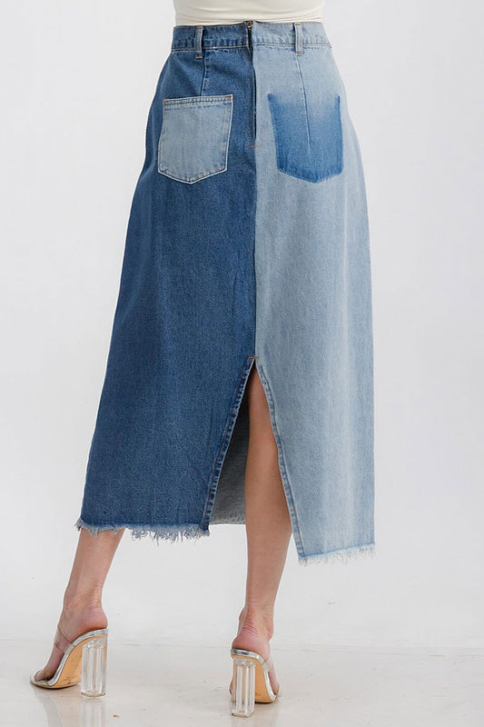 Button closure pockets 2-tone denim maxi skirt (RVWT7267)