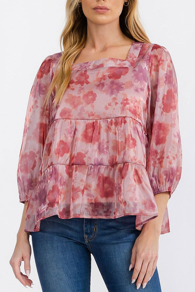 Long sleeve square neck tiered floral blouse top (RVWT7276)