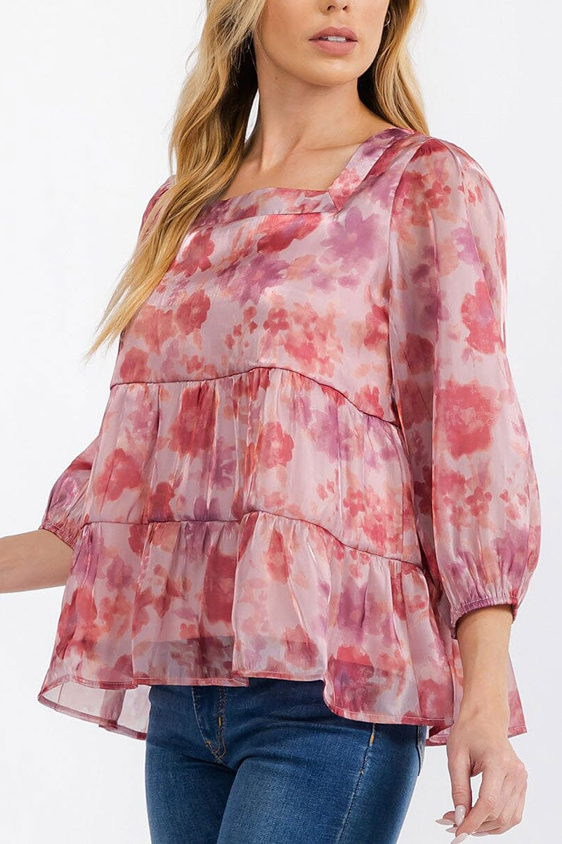 Long sleeve square neck tiered floral blouse top (RVWT7276)