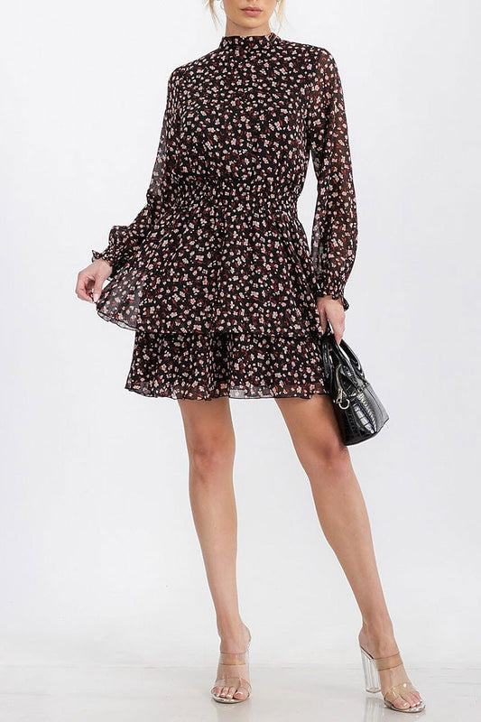 Mock neck smock waist tiered floral mini dress (RVWT7279)