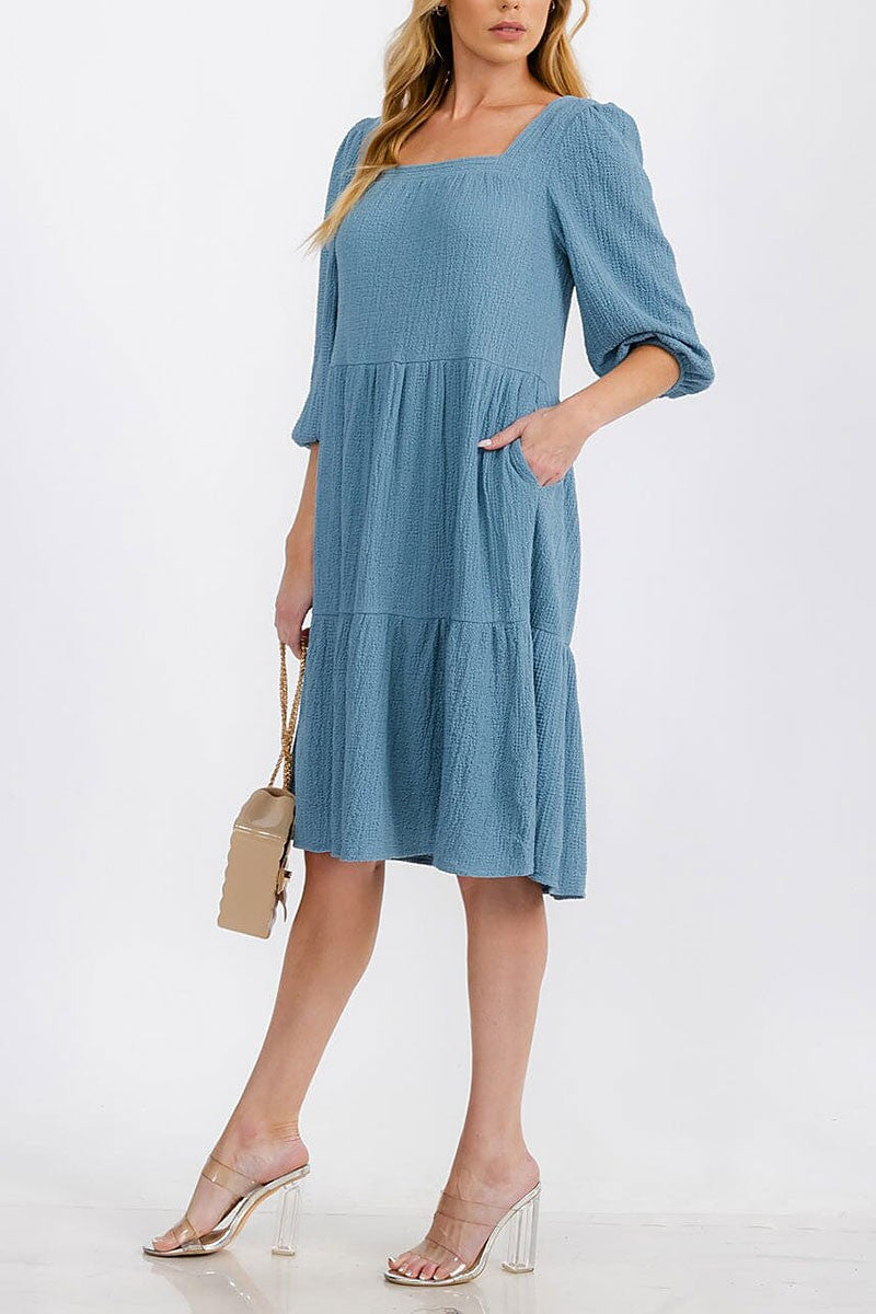 3/4 sleeve square neck tiered pockets midi dress (RVWT7280)