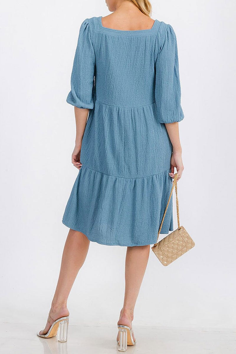 3/4 sleeve square neck tiered pockets midi dress (RVWT7280)