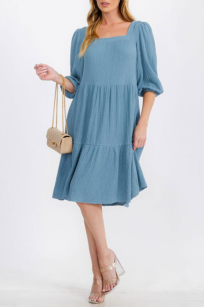 3/4 sleeve square neck tiered pockets midi dress (RVWT7280)