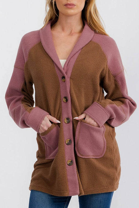 Button closure front pockets colorblock cardigan (RVWT7316)