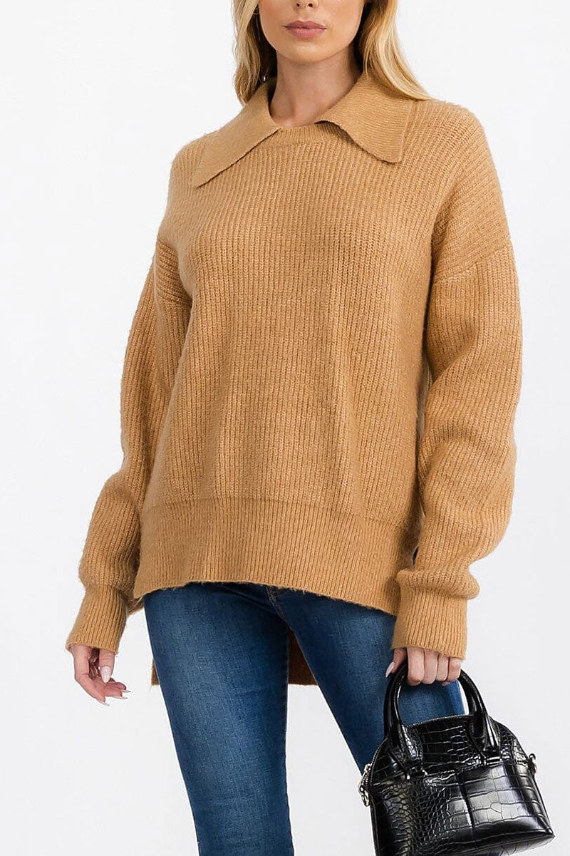 Long sleeve collar high-low pullover sweater (RVWT7318)