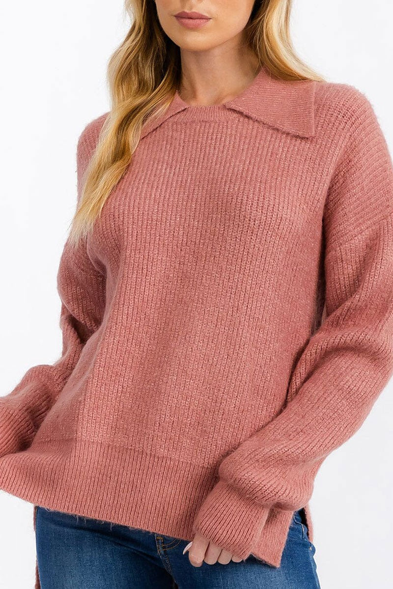 Long sleeve collar high-low pullover sweater (RVWT7318)