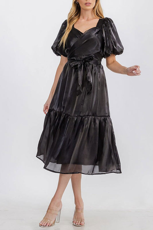 Puff sleeve self tie surplice satin tiered dress (RVWT7327)