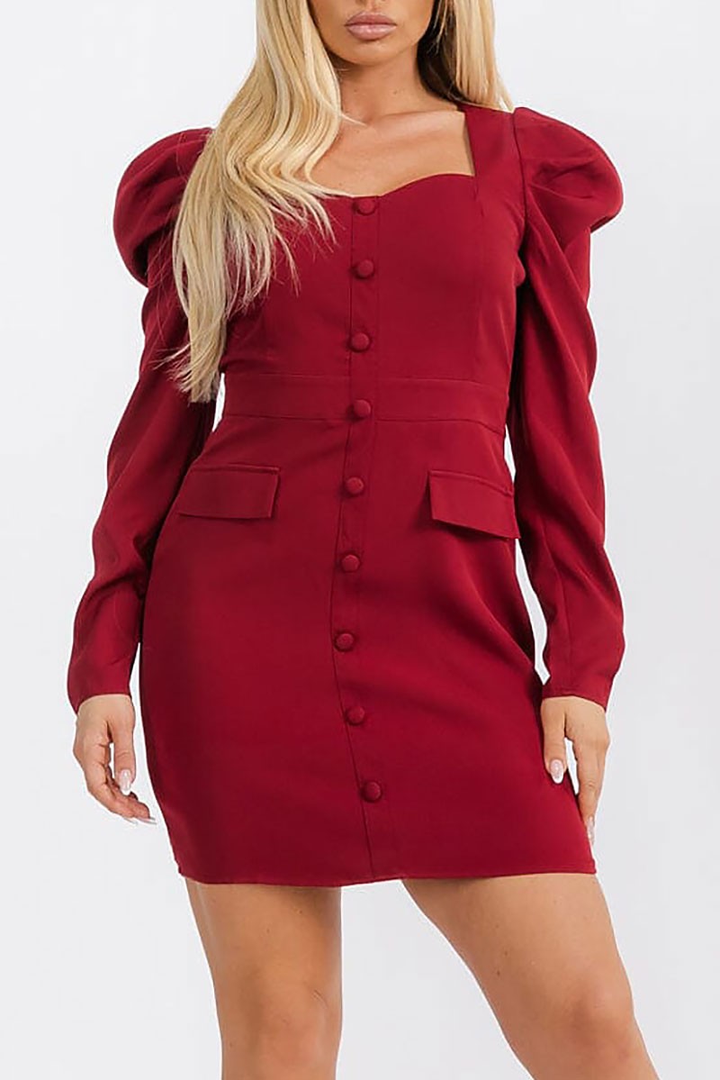 Puff sleeves buttons detailed bodycon mini dress (RVWT7355)