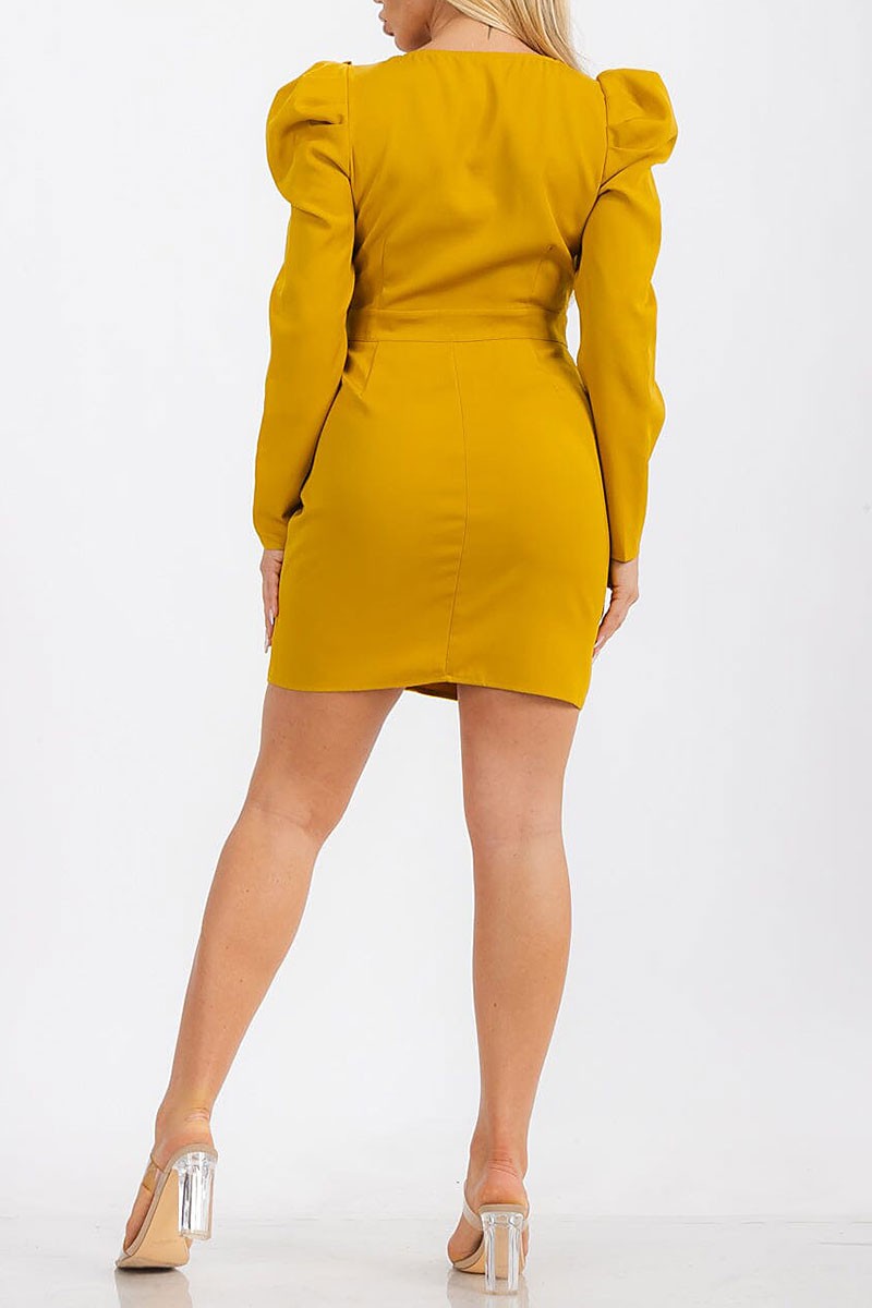 Puff sleeves buttons detailed bodycon mini dress (RVWT7355)