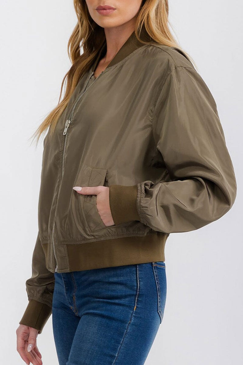 Long sleeve pockets zipper closure bomber jacket (RVWT7356)