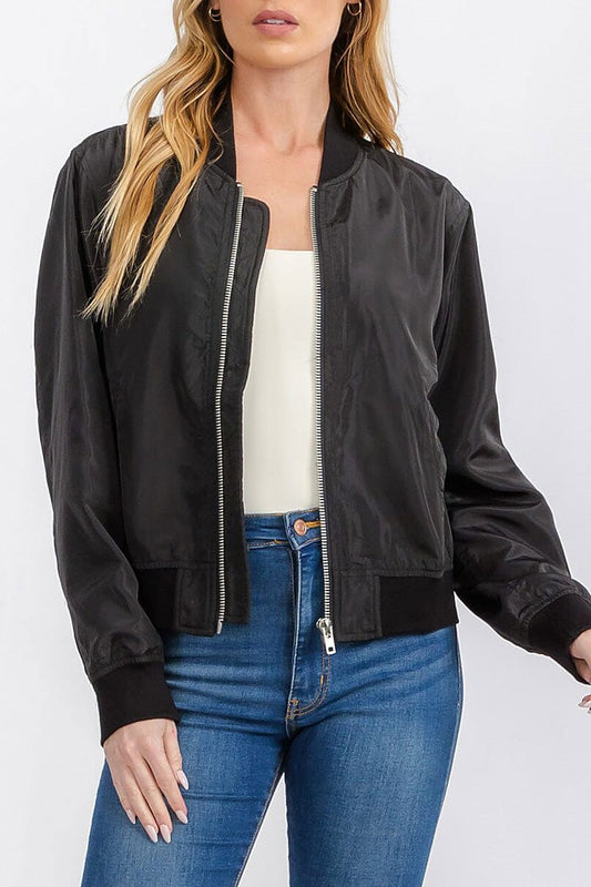 Long sleeve pockets zipper closure bomber jacket (RVWT7356)