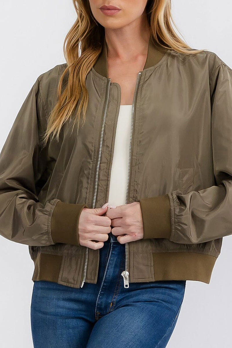 Long sleeve pockets zipper closure bomber jacket (RVWT7356)