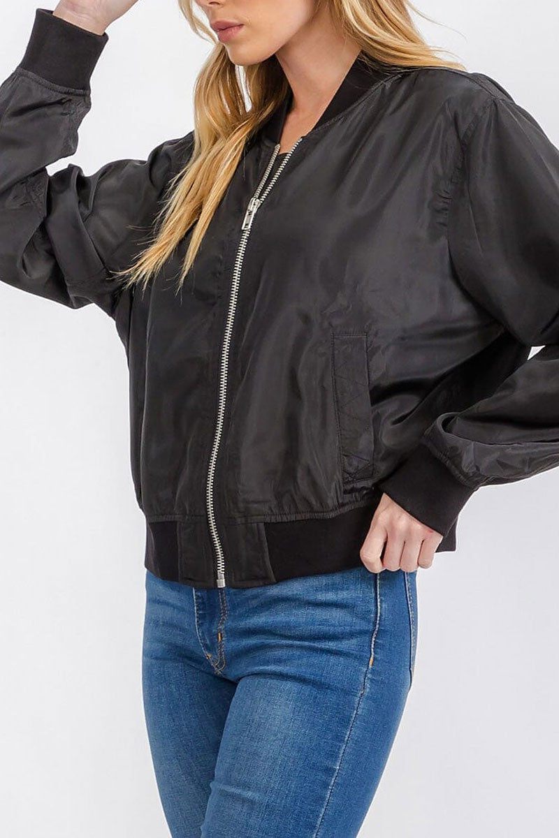 Long sleeve pockets zipper closure bomber jacket (RVWT7356)