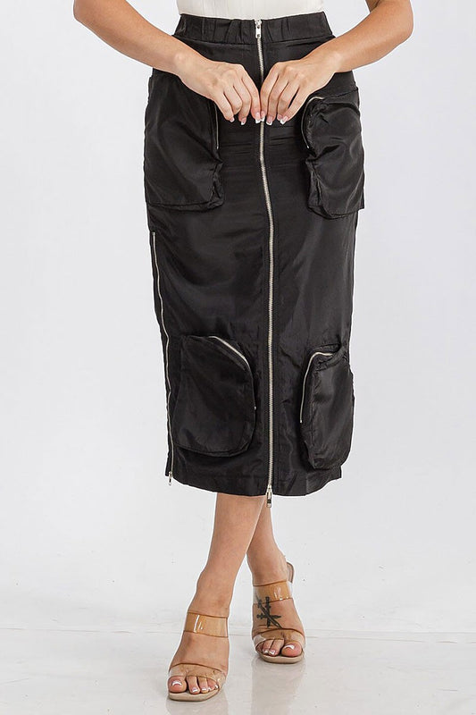 Elastic waist zip up cargo pockets midi skirt (RVWT7362)