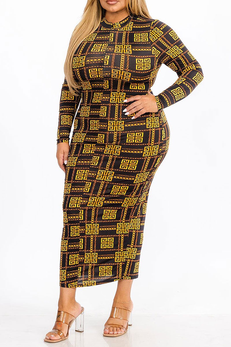 Long sleeve mock neck bodycon printed maxi dress (RVWT7366)