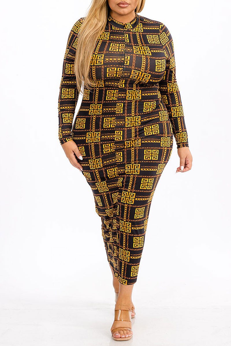 Long sleeve mock neck bodycon printed maxi dress (RVWT7366)