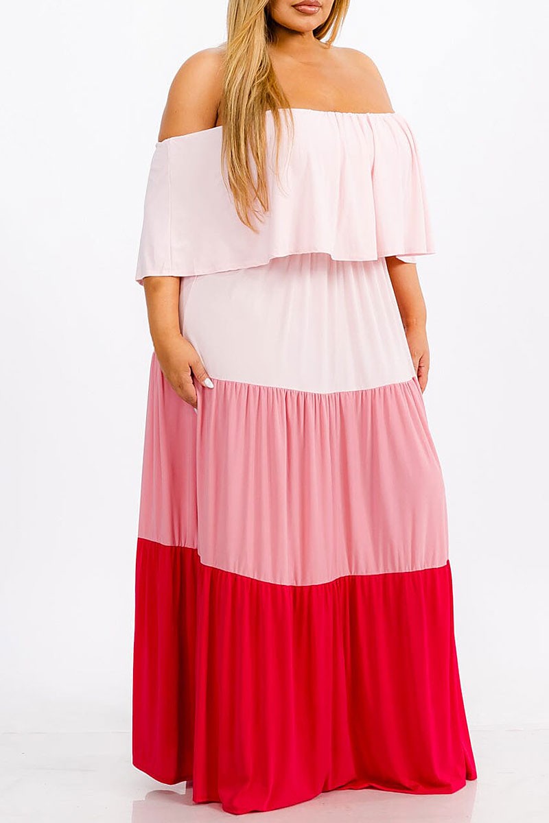 Elastic waist ruffle tiered colorblock maxi dress (RVWT7367)