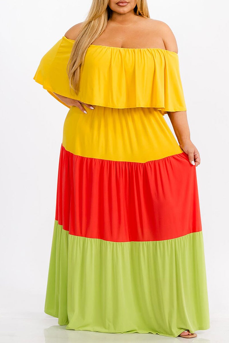 Elastic waist ruffle tiered colorblock maxi dress (RVWT7367)