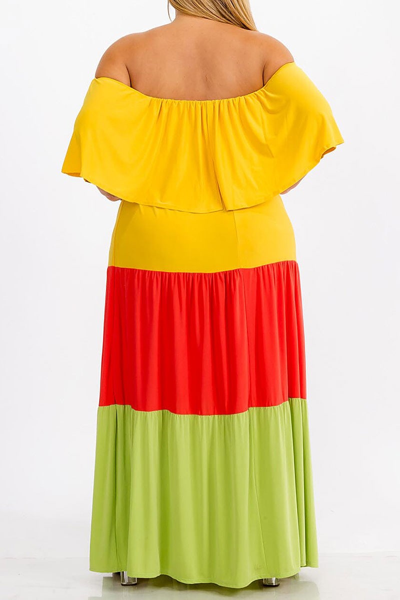 Elastic waist ruffle tiered colorblock maxi dress (RVWT7367)