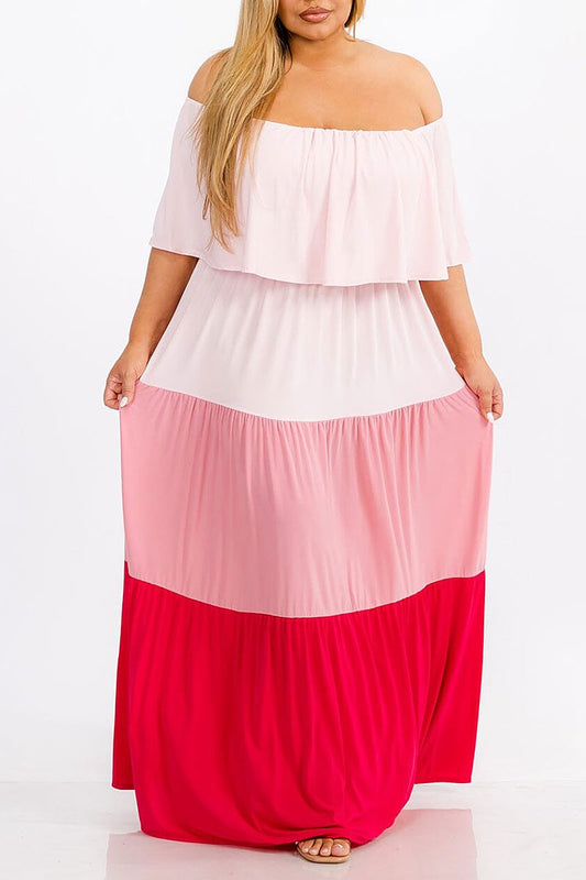 Elastic waist ruffle tiered colorblock maxi dress (RVWT7367)