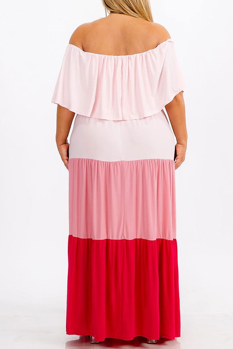 Elastic waist ruffle tiered colorblock maxi dress (RVWT7367)