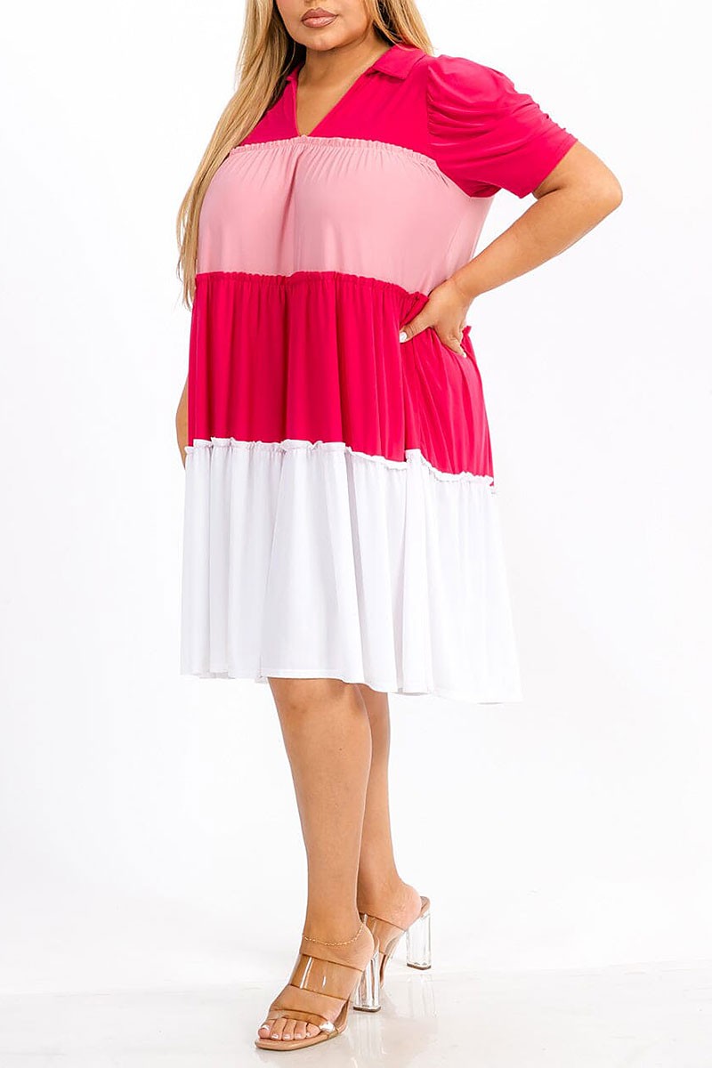 Short sleeve v-neck tiered colorblock midi dress (RVWT7370)