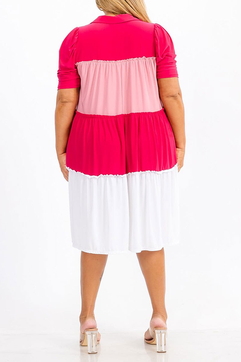 Short sleeve v-neck tiered colorblock midi dress (RVWT7370)