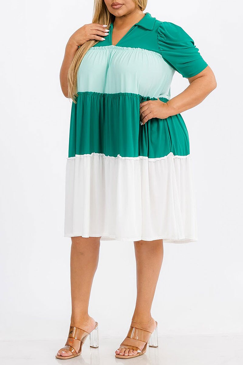 Short sleeve v-neck tiered colorblock midi dress (RVWT7370)