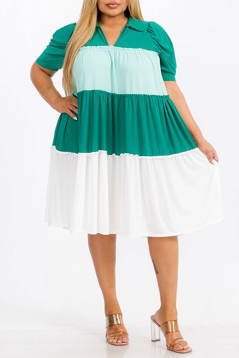 Short sleeve v-neck tiered colorblock midi dress (RVWT7370)