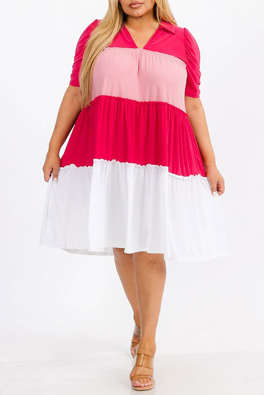 Short sleeve v-neck tiered colorblock midi dress (RVWT7370)