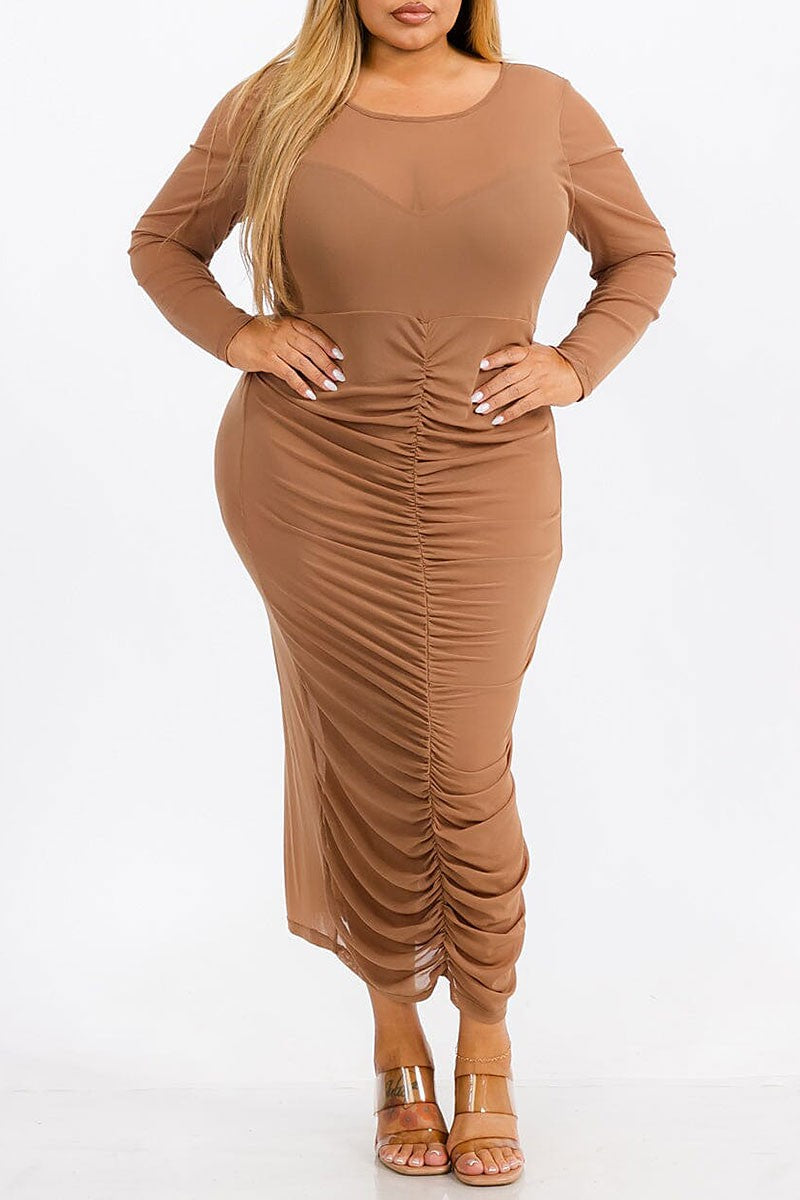 Long sleeves ruched front bodycon mesh maxi dress (RVWT7371)