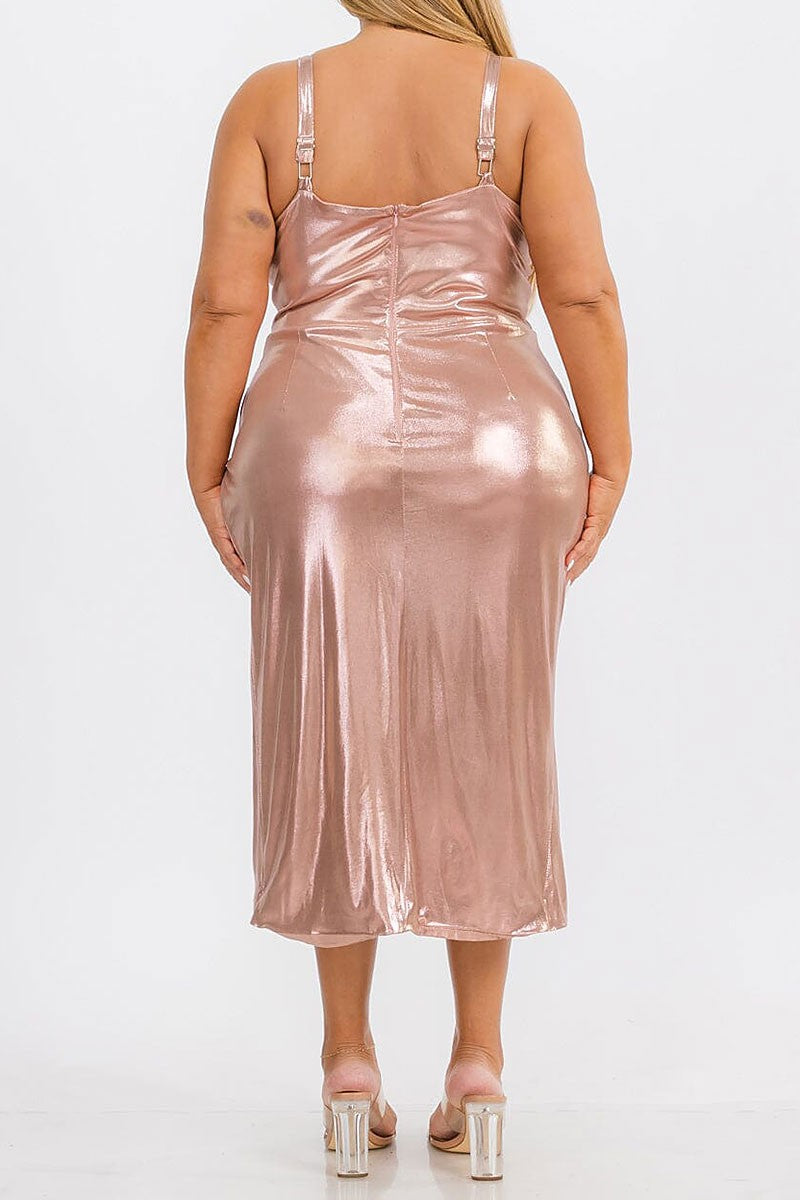 Bodycon v-neck surplice shimmer midi dress (RVWT7372)