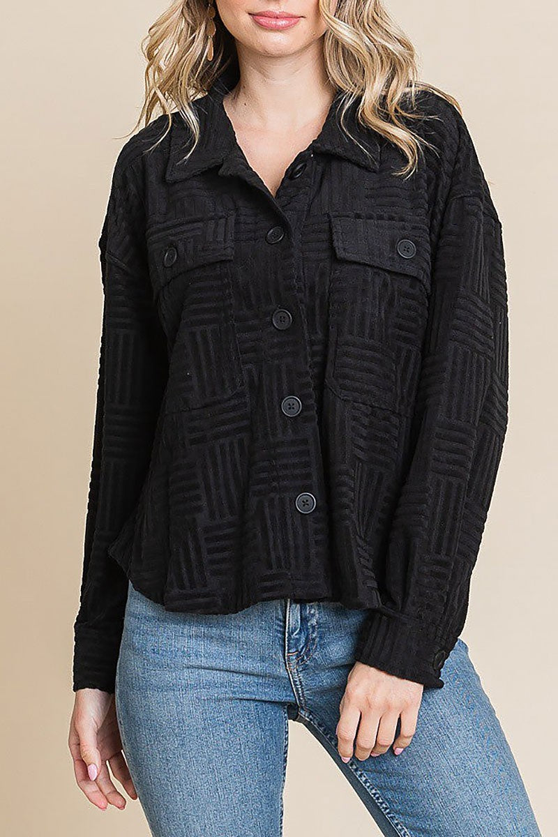 Embossed textured button down soft casual shacket (RSSW4865)