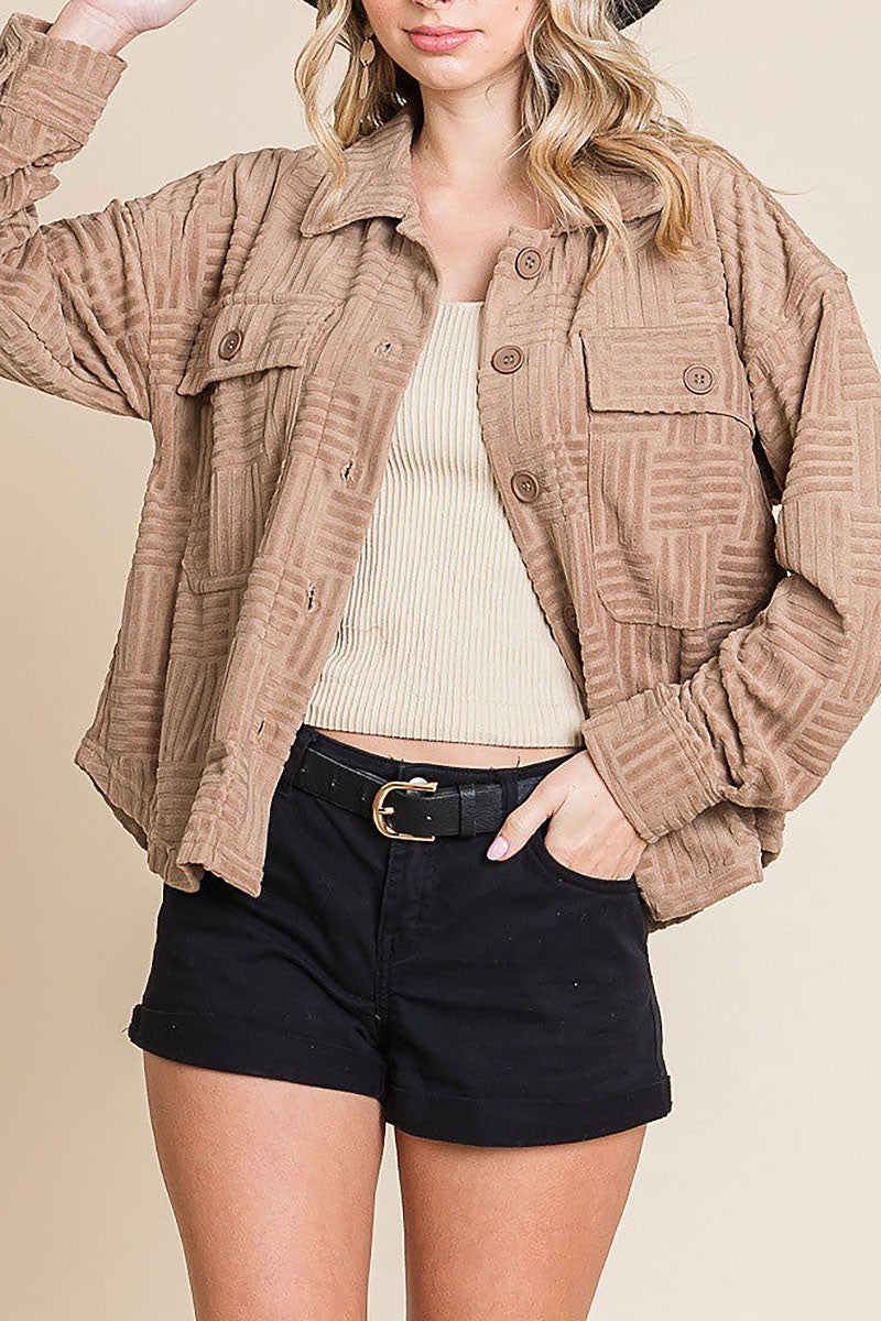 Embossed textured button down soft casual shacket (RSSW4865)