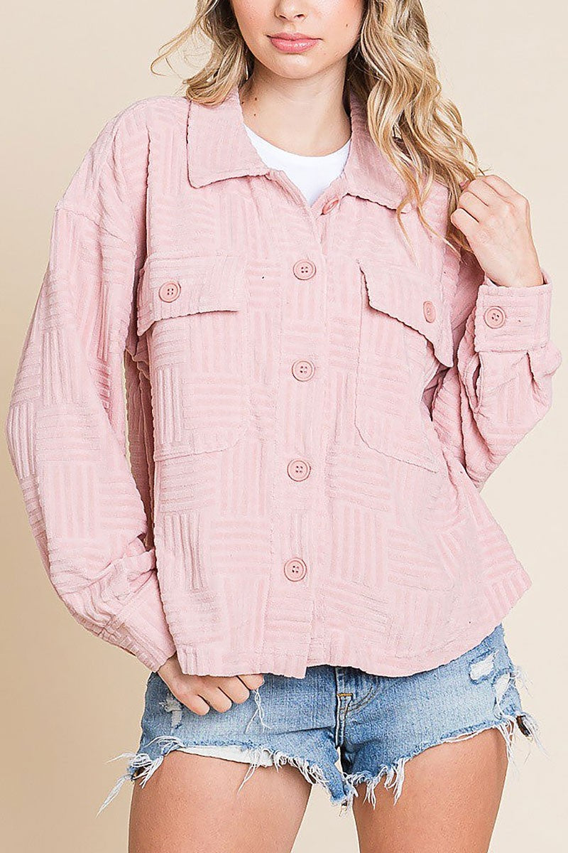 Embossed textured button down soft casual shacket (RSSW4865)