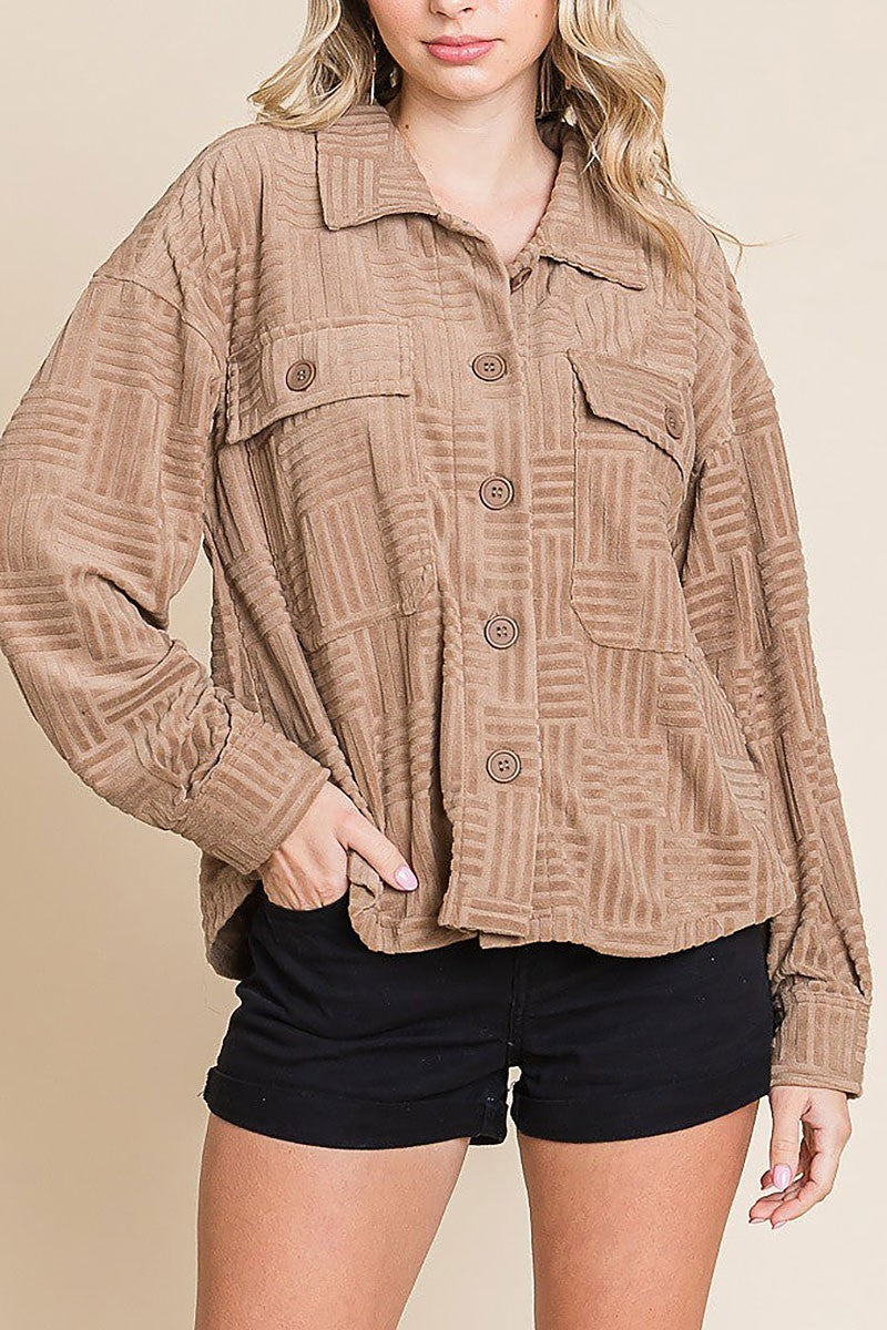 Embossed textured button down soft casual shacket (RSSW4865)