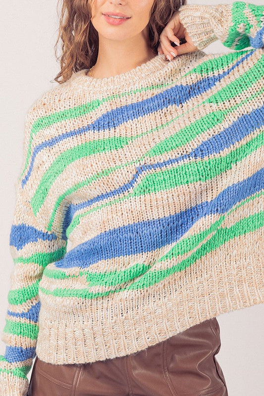 Crew neck drop shoulder ribbed hem sweater (RSSW4866)